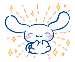 Cinnamoroll, personagem da Sanrio, sorrindo de olhos fechados com as mãozinhas/patinhas perto do rosto. Ele está pulando e tem brilho amarelo ao redor dele.