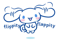 Cinnamoroll, personagem da Sanrio, sorrindo enquanto flutua graças à suas orelhas compridas.