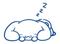 Cinnamoroll, personagem da Sanrio, dormindo com a boca num sorriso fechado no formato de um 'W'. Ele é um cachorrinho branco, suas bochechas são rechonchudas, tem um círculo rosa em cada e suas orelhas são longas.